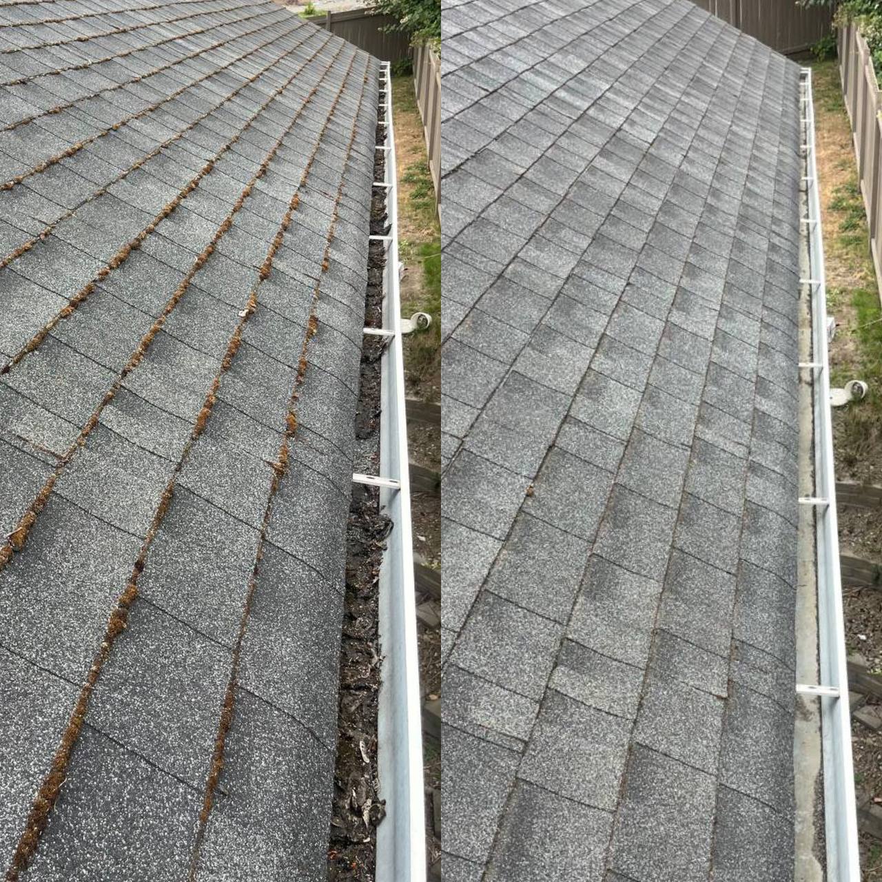 Before and after of a roof and gutter cleaning with moss removal